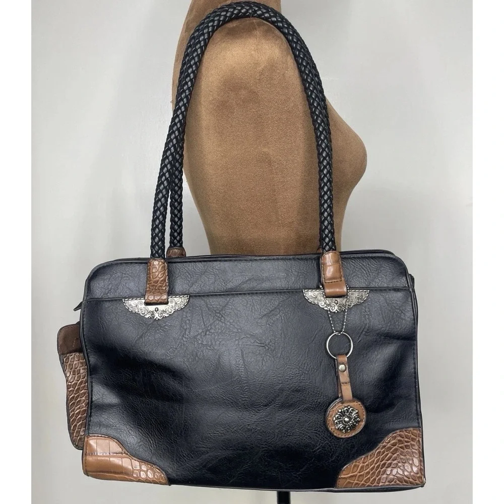 Bueno Black Croc Embossed Faux Leather Shoulder Bag Braid Handle Mixed Media
